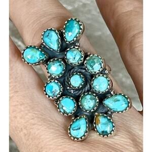 Native Style Southwest Turquoise Cluster Ring Sterling Silver Adjustable Long